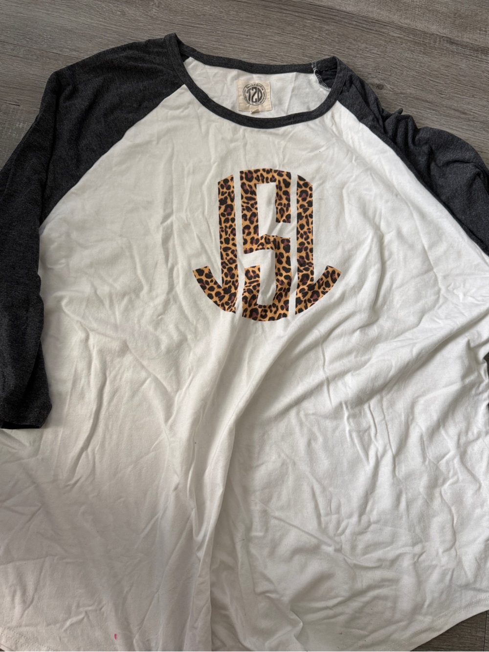 Women's White Raglan Tee with Black Sleeves and Leopard Monogram